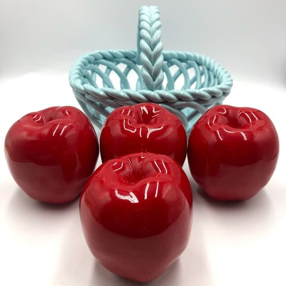 Grace's Pantry Light Blue Hand Woven Ceramic Basket With 4 Faux Apples - Picture 7 of 15